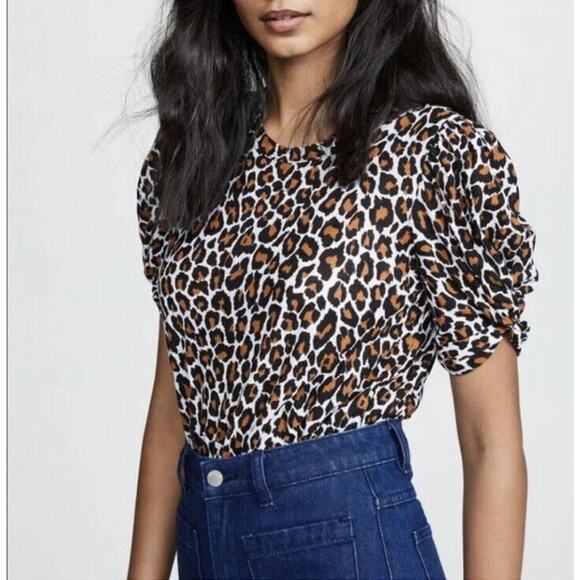 ALC Katie Leopard Cheetah Print Puff-Sleeve T-Shirt Career Office XS ab13 - Picture 2 of 10